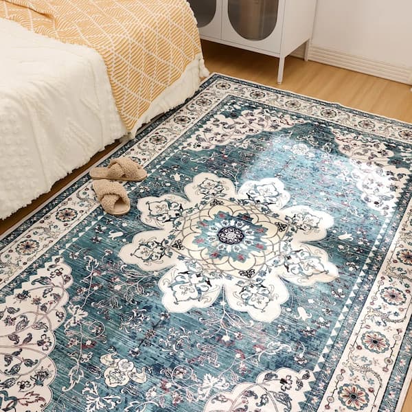 Bungalow Rose Machine Washable Non-Slip Blue Oriental Area Rug deal