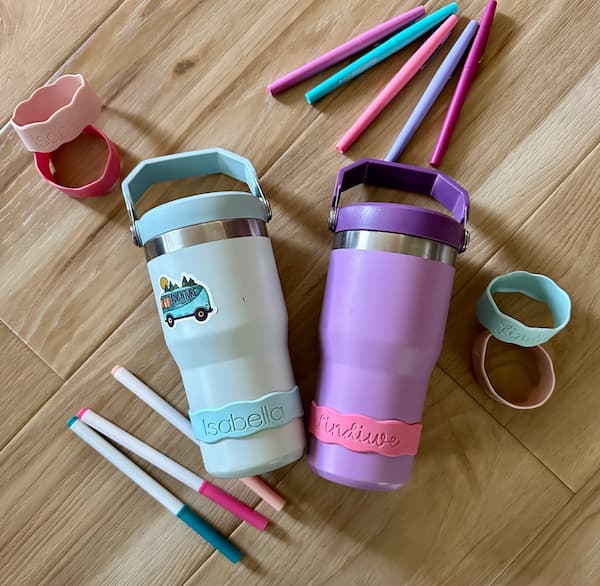 Personalized Silicone Bottle Labels 3-Pack on water bottles