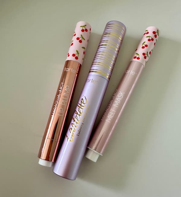 Tarte Cherry Crush Maracuja Juicy Lips & Tubing Mascara on tray