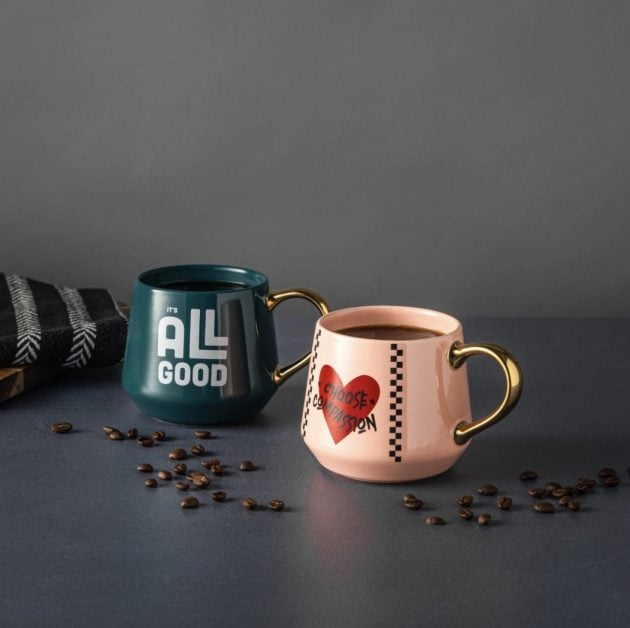 Thyme & Table 2 Pack It's All Good and Choose Compassion Pink with Gold Handles Mugs 