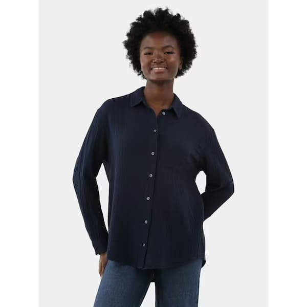 Time and Tru Women's Double Cloth Cotton Shirt with Long Sleeves deal