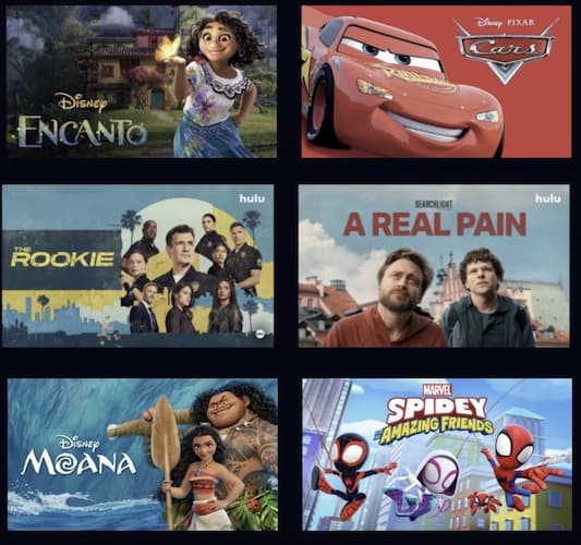 A Hulu Streaming platform screen shows six featured family-friendly titles like Cars and Encanto.